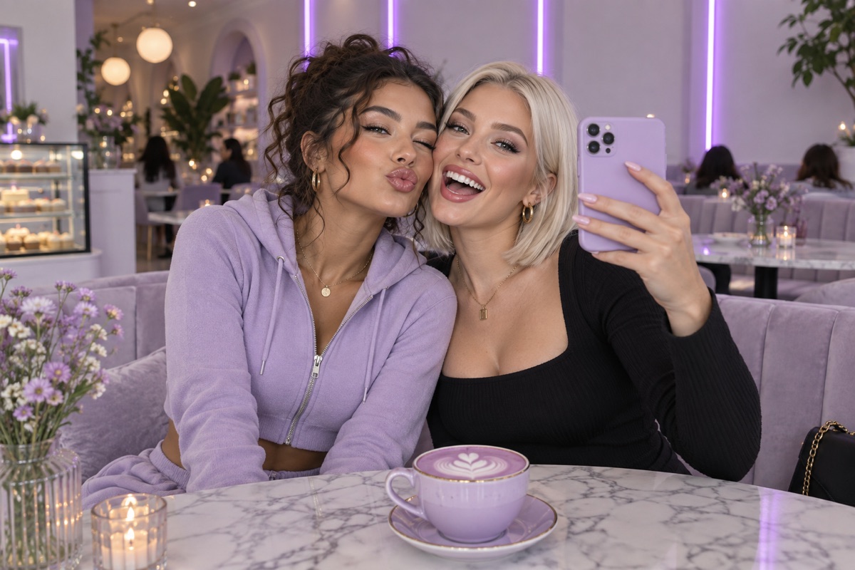 Two glam best friends take a cheek-to-cheek selfie with a lilac latte in a pastel café with purple neon lights