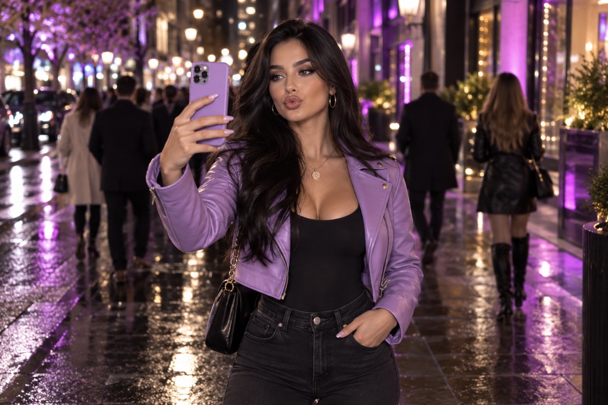 A glam influencer in a lilac leather jacket takes a pouting selfie on a rainy neon-lit street at night