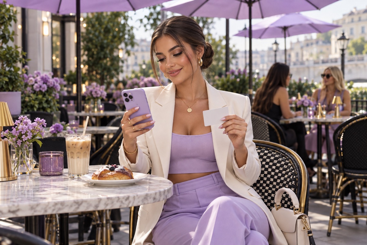A glam influencer at a café terrace under lilac umbrellas taps her lilac phone while holding a card