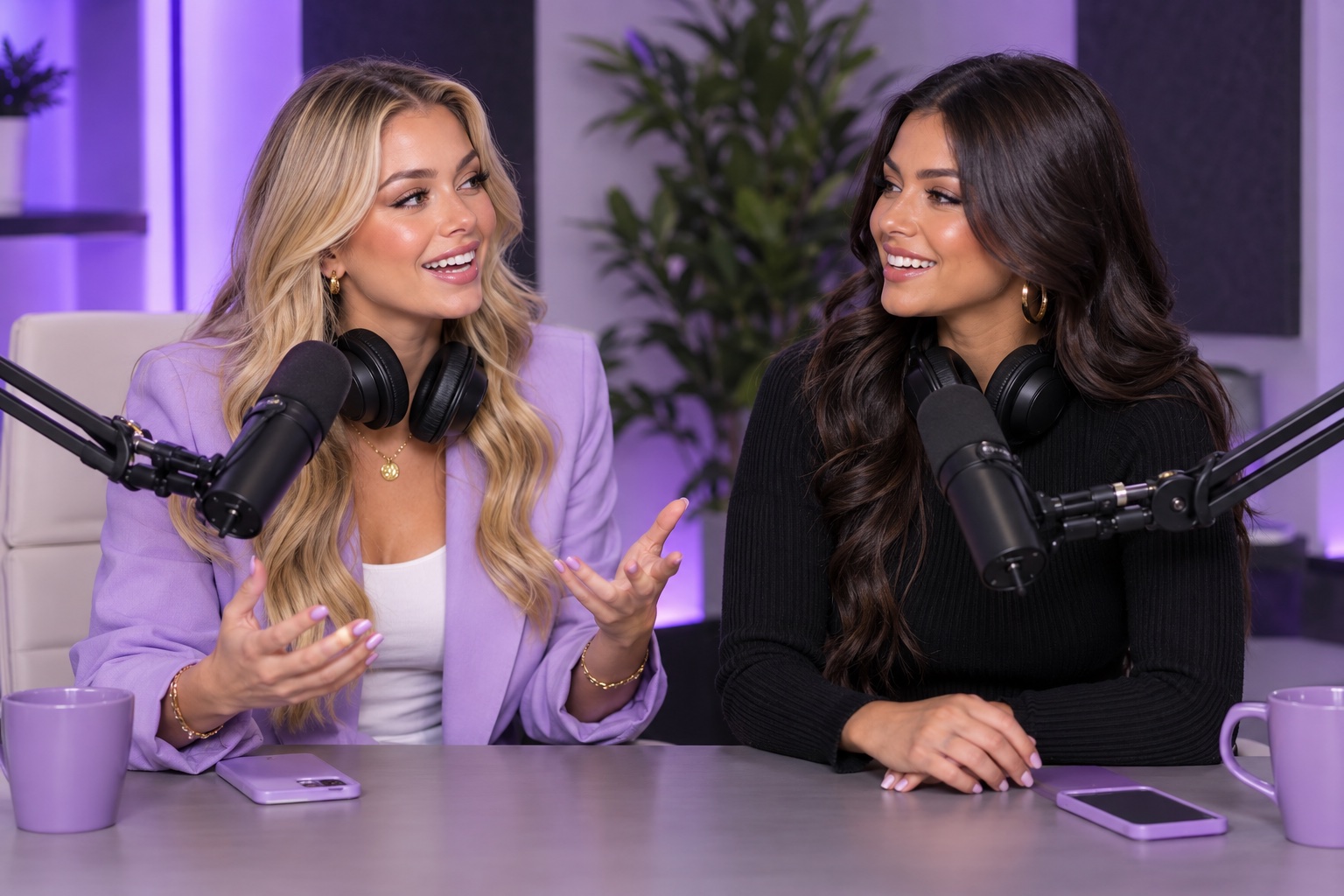 Two glam hosts laugh mid-conversation at a podcast desk in a purple-lit studio