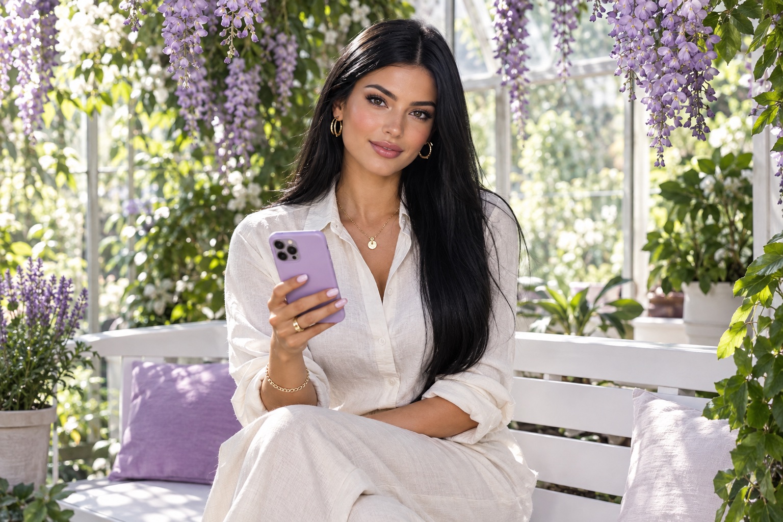 A glam influencer smiles calmly with her lilac phone on a bench in a sunny greenhouse full of lilac wisteria