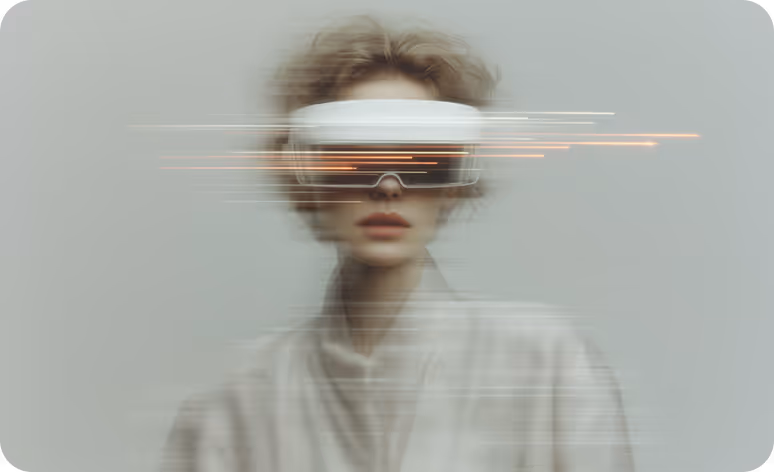 Blurred portrait of a person wearing a futuristic white virtual reality headset with horizontal light streaks.