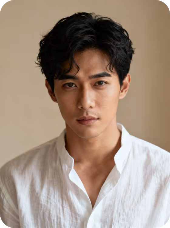 Portrait of a young man with dark curly hair wearing a white shirt against a beige background.