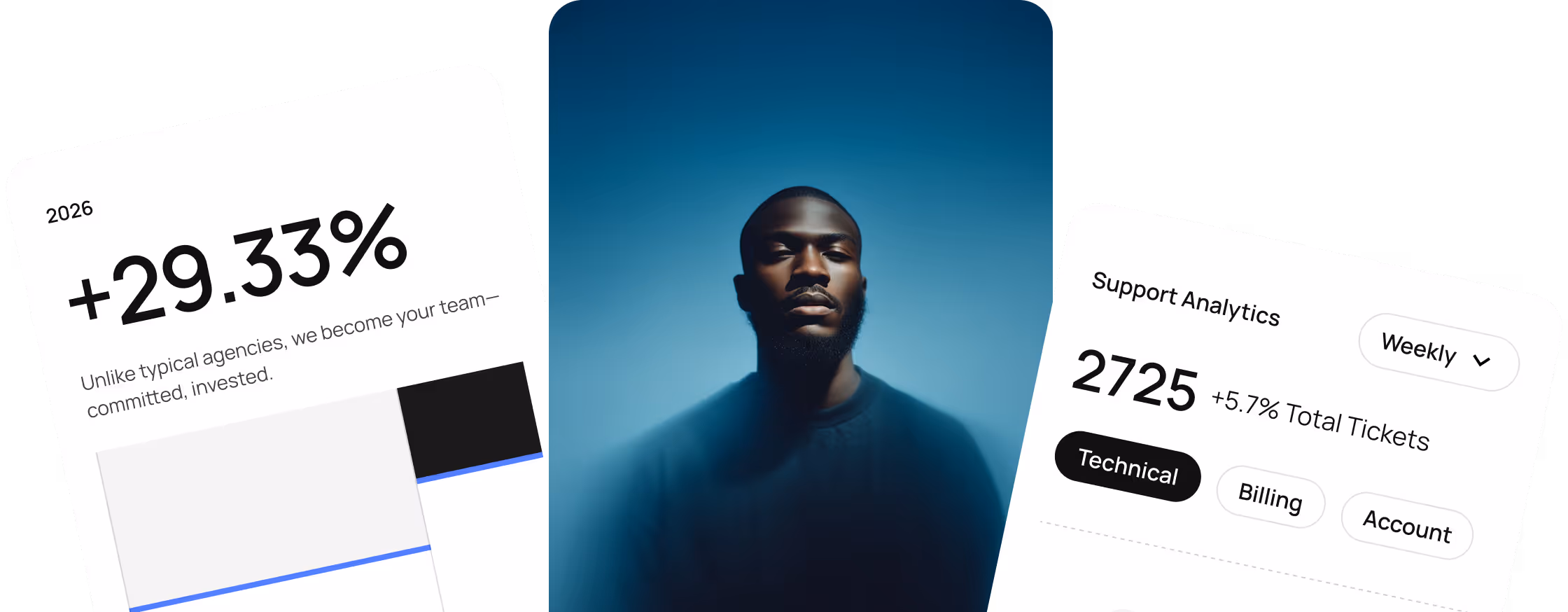 Portrait of a man with a beard in low light and blue background, flanked by tilted analytics cards showing percentage increase and support ticket data.