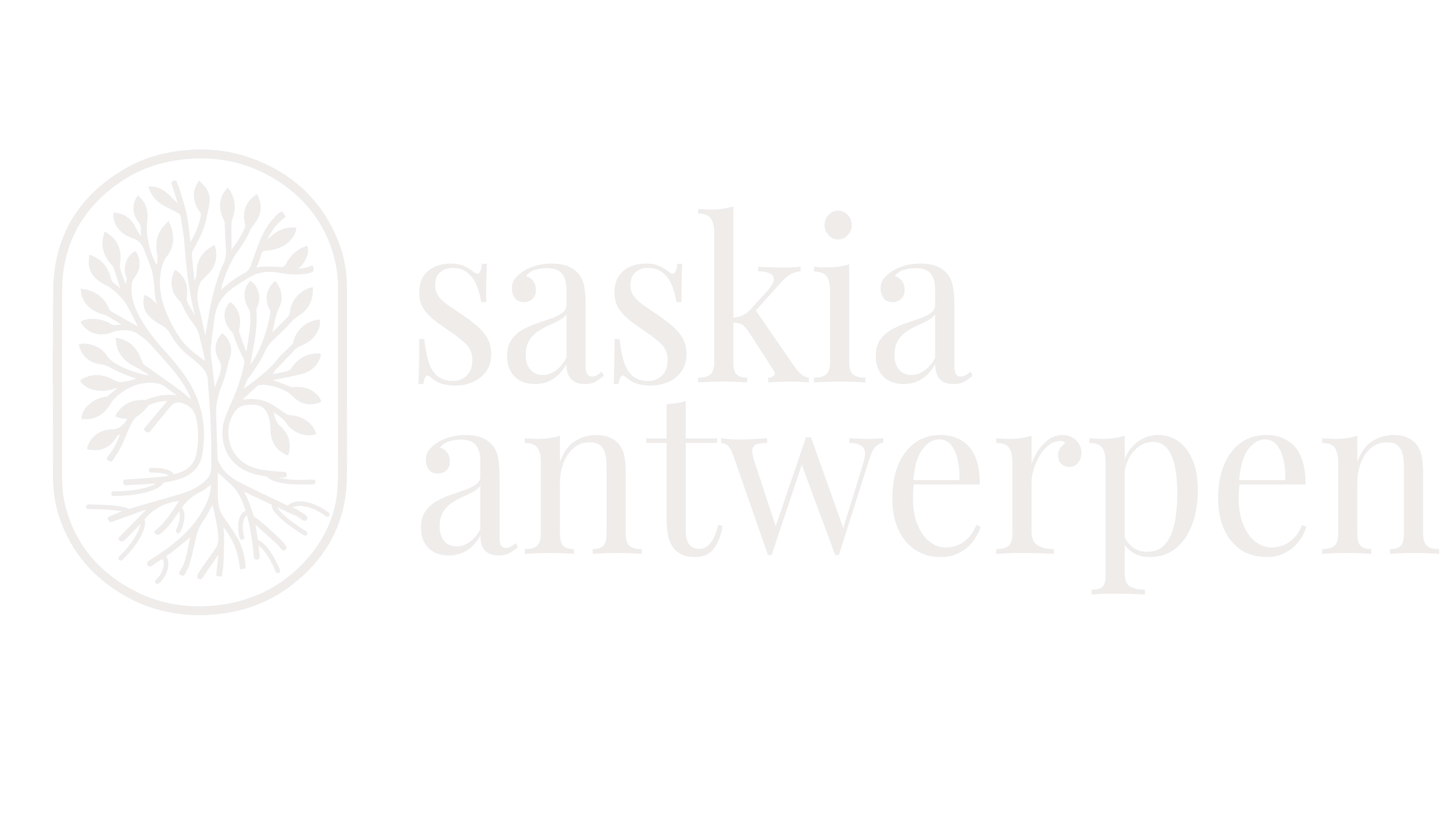 Logo featuring a stylized tree with roots inside a rounded rectangle next to the text 'saskia antwerpen'.
