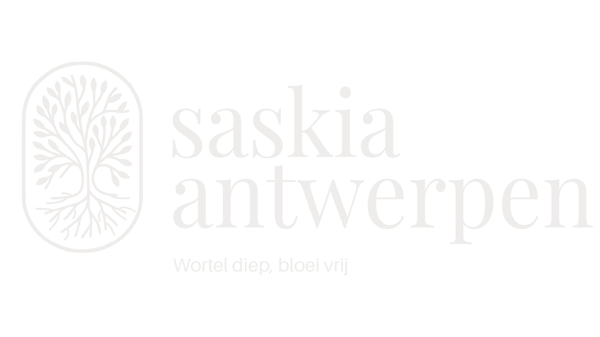 Logo featuring a stylized tree with roots and branches inside an oval shape next to the text 'saskia antwerpen' and the phrase 'Wortel diep, bloei vrij' below.