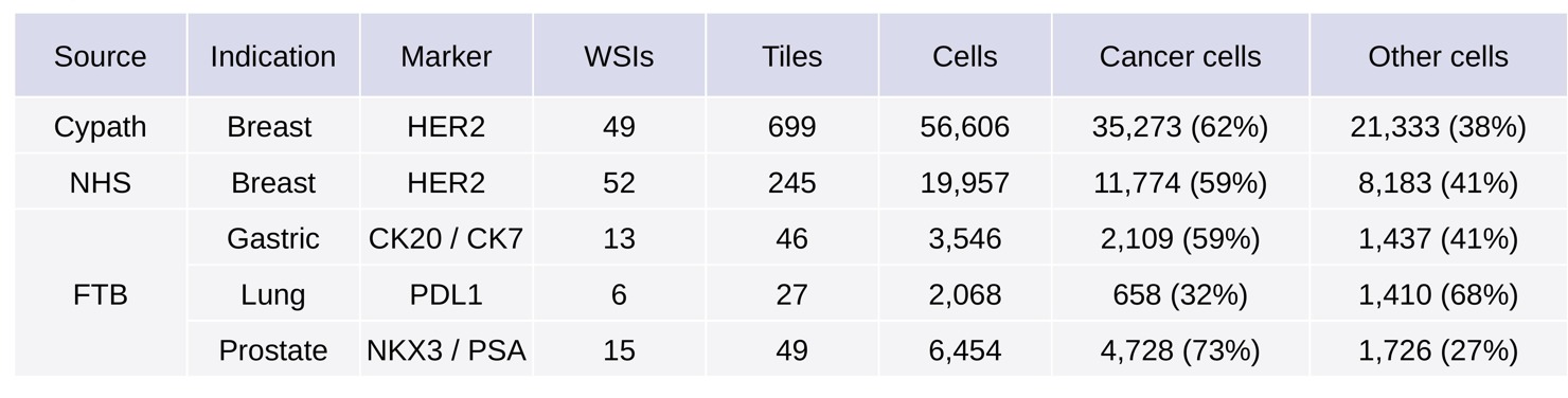 Table of the study cohorts: Cypath and NHS breast HER2, plus FTB gastric, lung and prostate, with slide, tile and cell counts.