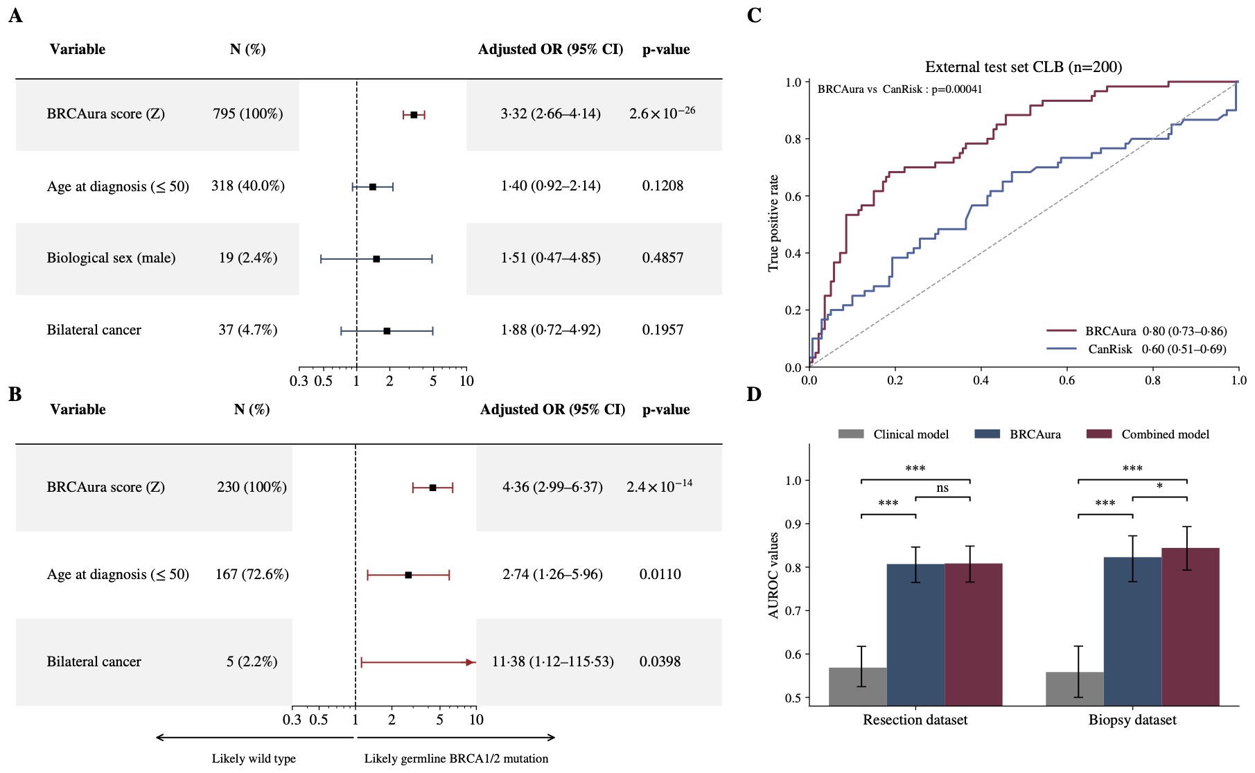 Charts comparing BRCAura with clinical risk factors and the CanRisk family-history model. In 200 patients, BRCAura had an AUROC of 0.80 compared with 0.60 for CanRisk.
