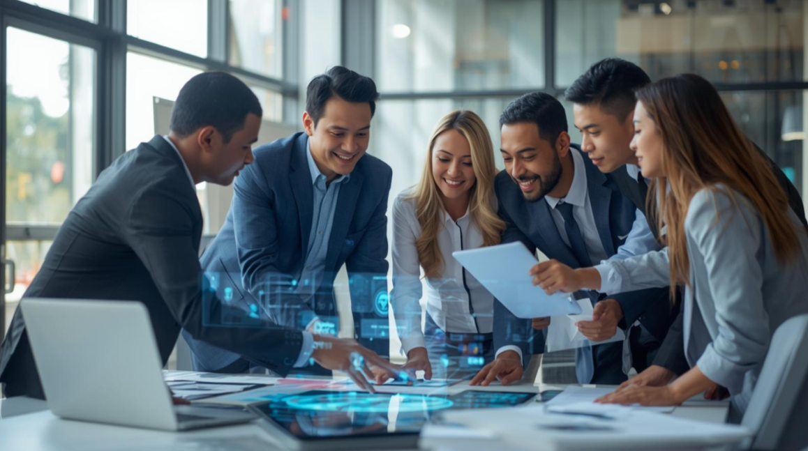 Close-up of computer circuit board with colorful blue, pink, and orange light patterns showing digital data processing