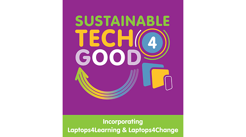 Logo with text Sustainable Tech 4 Good and icons of a laptop, tablet, and smartphone above text Incorporating Laptops4Learning & Laptops4Change on green background.