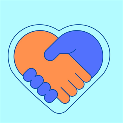 Two hands shaking, one orange and one blue, forming the shape of a heart on a light blue background.