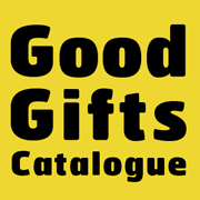 Text reading 'Good Gifts Catalogue' in bold black font on a yellow background.