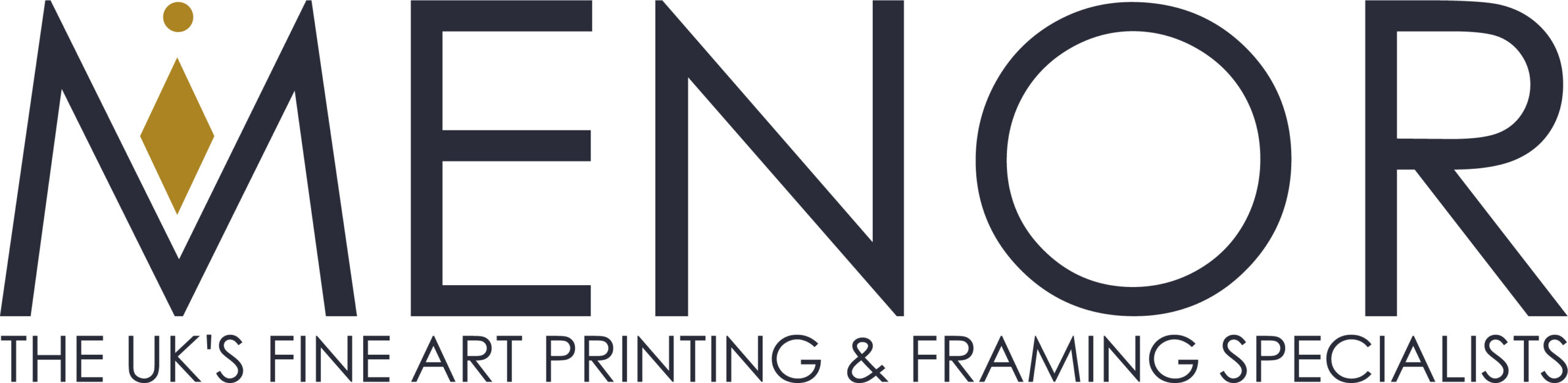 Menor logo with a stylized letter M featuring a gold diamond shape and dot, accompanied by the tagline 'The UK's fine art printing & framing specialists'.