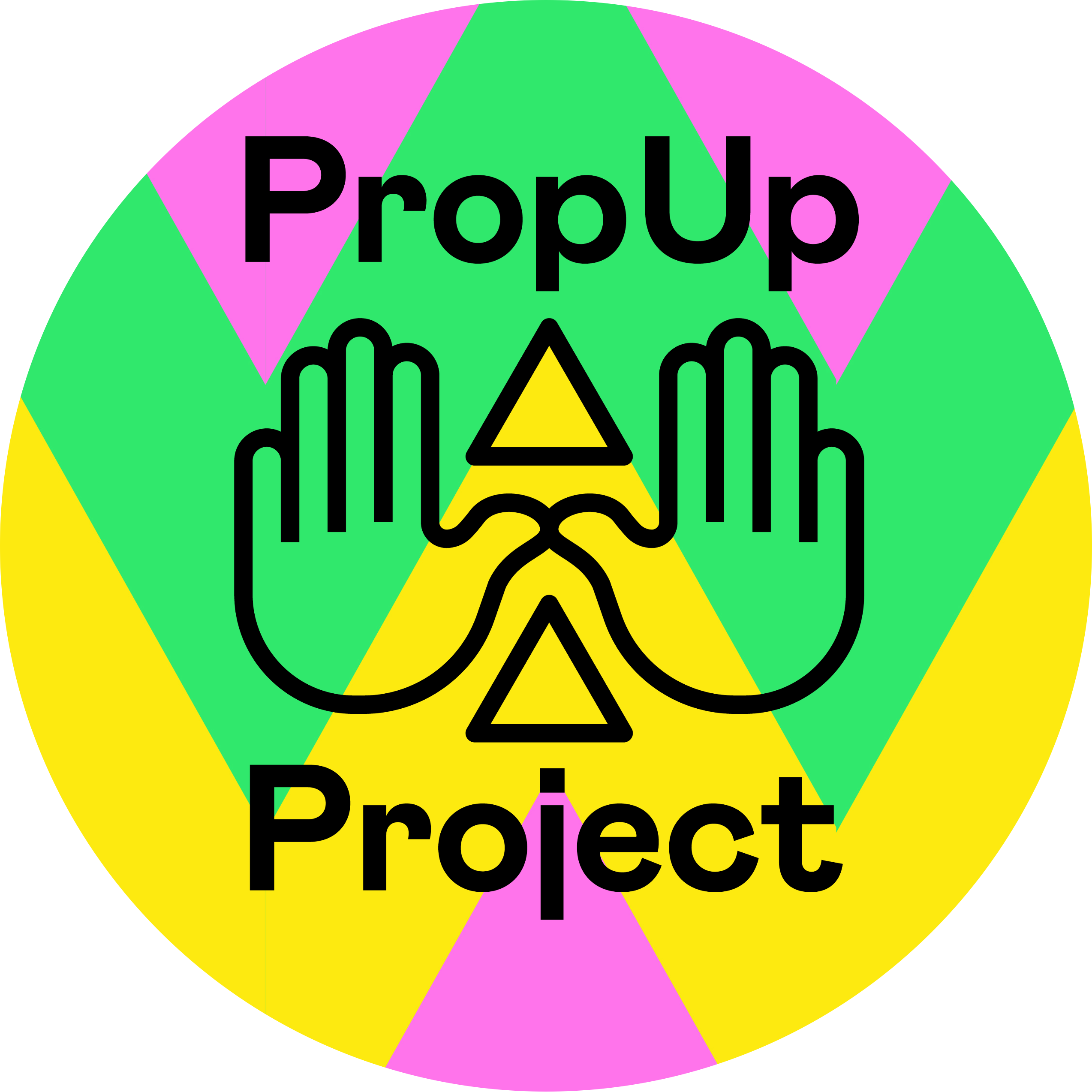 PropUp Project logo with two outlined hands facing forward around two yellow triangles on a colorful background with green, yellow, and pink chevrons.