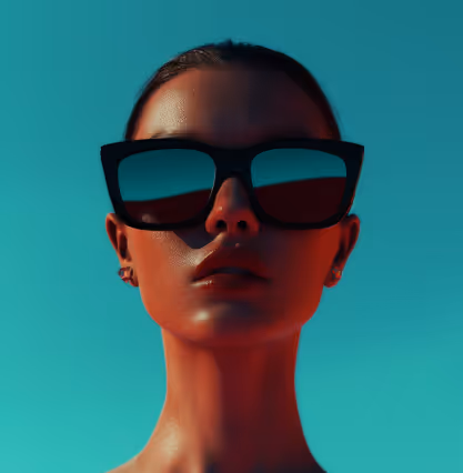 Close-up of a person wearing large black sunglasses against a clear blue sky.