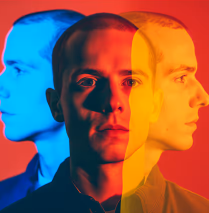 Portrait of a man with three overlapping profile views in blue, red, and yellow tones against a red background.