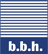 Logo with lowercase letters 'b.b.h.' in white on a blue background with horizontal white stripes above.