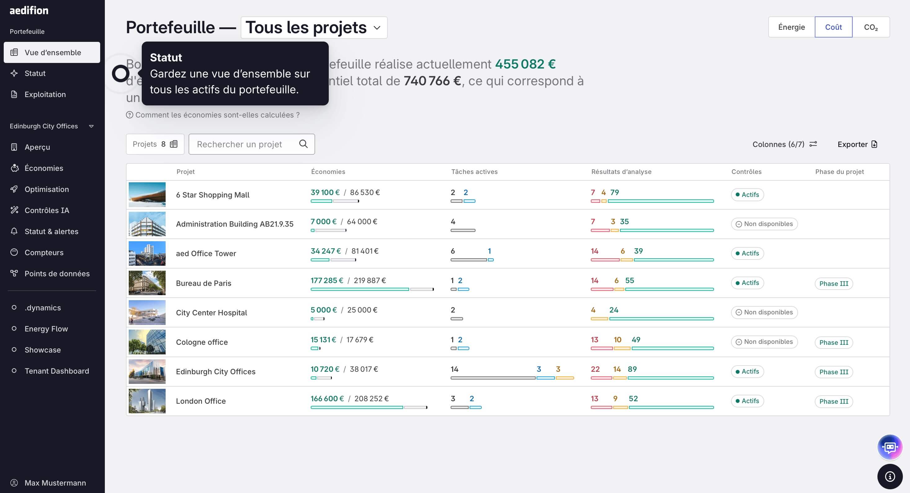 Plateforme aedifion affichant la vue d'ensemble des actifs d'un bâtiment tertiaire