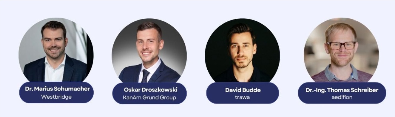 Speakers of the aedifion webinar "Cutting Energy Costs: Dynamic Electricity Prices": Oskar Droszkowski (KanAm Grund Group), David Budde (trawa), Marius Schumacher (Westbridge), and Thomas Schreiber (aedifion).