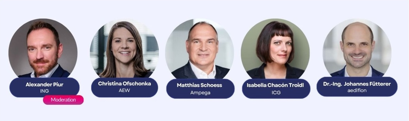 Speakers of the aedifion webinar "Operational Optimization as a Business Case": Alexander Piur (ING), Isabella Chacón-Troidl (ICG), Johannes Fütterer (aedifion), Christina Ofschonka (AEW), and Matthias Schoess (Ampega).
