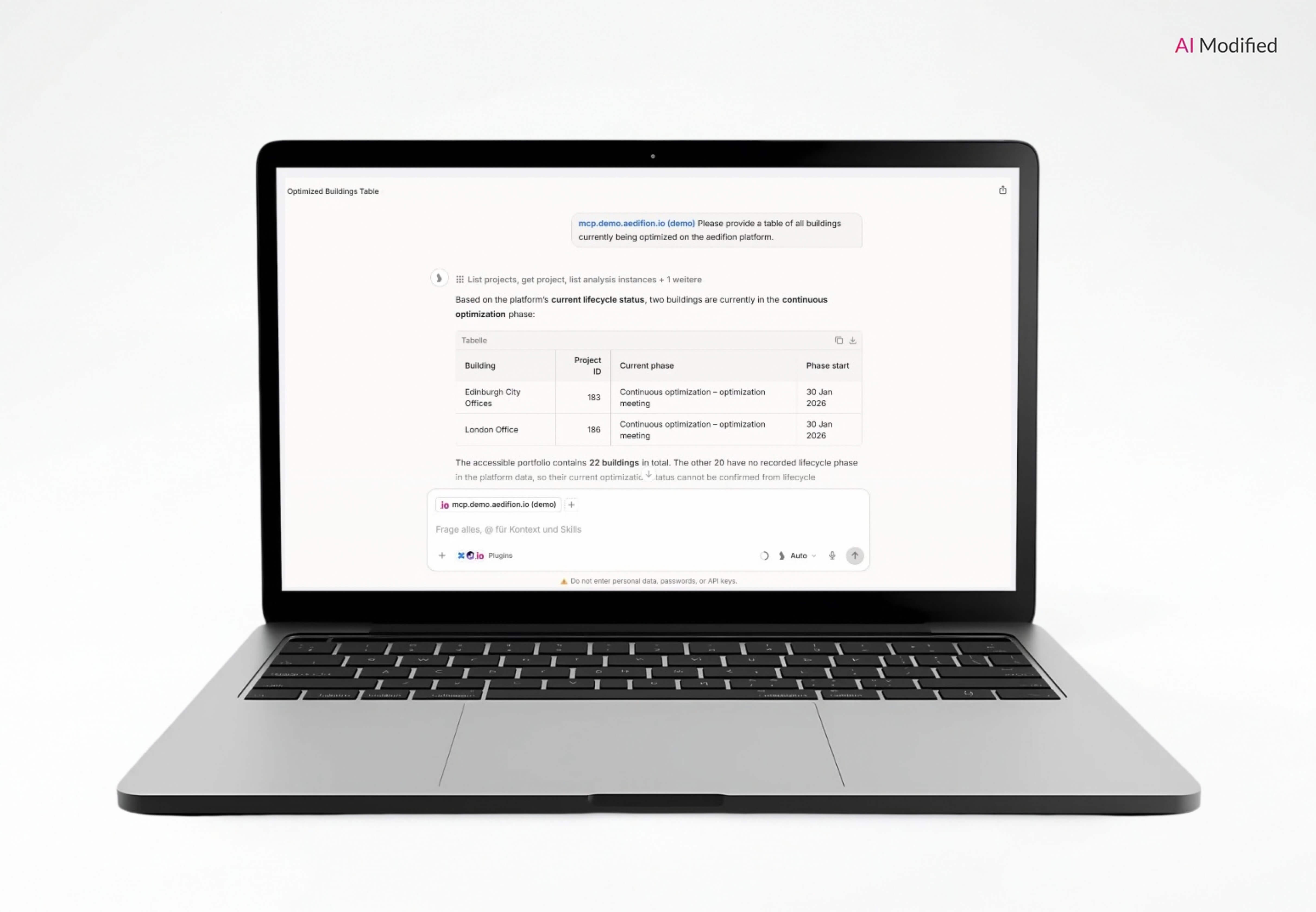 The aedifion MCP connects the cloud platform to customers’ enterprise AI.