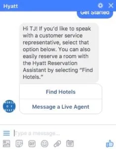 Hyatt chatbot on Facebook Messenger