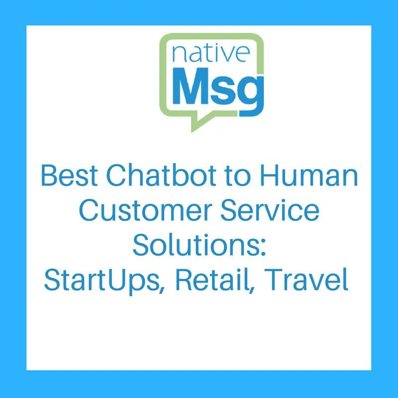 Best Chatbot to Human Customer Service Solutions for StartUps, Retail, Travel image. Blue border with blue and green nativeMsg logo on top.