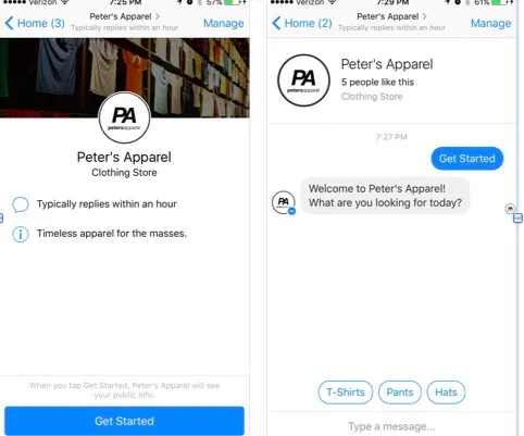 Peter's Apparel Clothing Store Chatbot "Get Started" page on Facebook Messenger