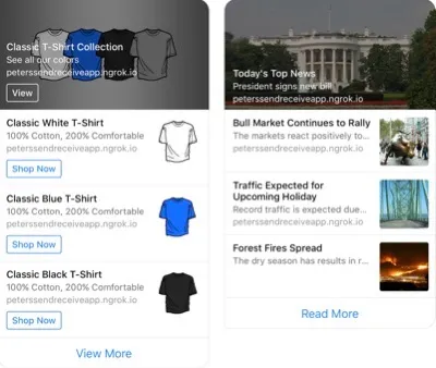 Facebook Messenger Chatbot List Template Example with a Vertical Drop Down of T-shirt Options and Options to Buy Next to Each and Side-by-Side Example of White House Site with Image Thumbnails in Vertical Drop Down Choices