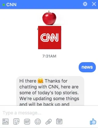 CNN Facebook Messenger Chatbot Window Example of Chat Start on Breaking News Chatbot