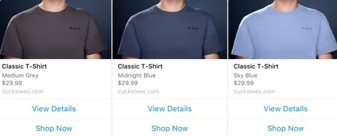Facebook Messenger Chatbot Example of Generic Templates with a Carousel Experience, Shows Three Selections of Mens, Grey, Blue, Navy T-shirts