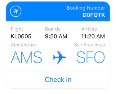 Facebook Messenger Chatbot Airline Check-in Examples, Shows Blue Header, Amsterdam to SFO, Booking Number and Option to Check-in Button.