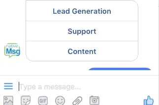Facebook Messenger Chatbot offers a Generic Template with Buttons and Bubbbles. The Buttons are Below the Bubbles, or Call-outs, Buttons Here Include: Lead Generation, Support, Content