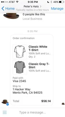 Facebook Messenger Chatbot Receipt Template Example with a Purchase Selection of One White Shirt, One Grey Shirt, Credit Card Information, Purchase Address