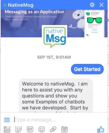 nativeMsg Facebook Messenger chatbot introduction text with blue header above with robot image and introduction text for how to start chatting.
