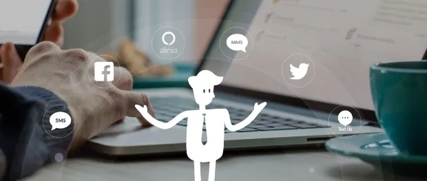 omnichannel vs multichannel marketing cartoon man surrounded by Facebook, Twitter, Alexa and MMS icons with him at the center