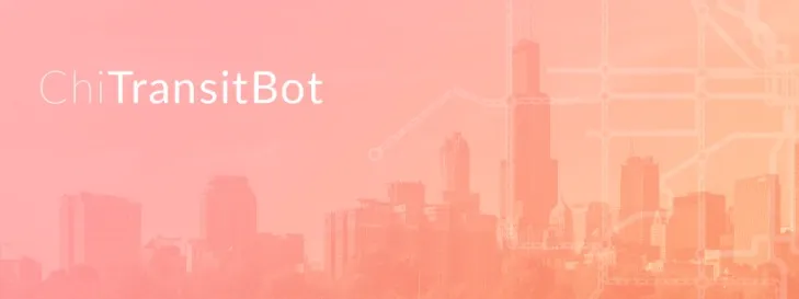 Chicago Commuters: Chicago Transit Bot Logo White with pink background of city skyline
