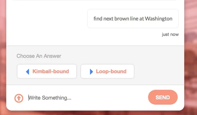 Chicago Transit Bot Launch shows user entering request for line and getting fast respond on Facebook Messenger