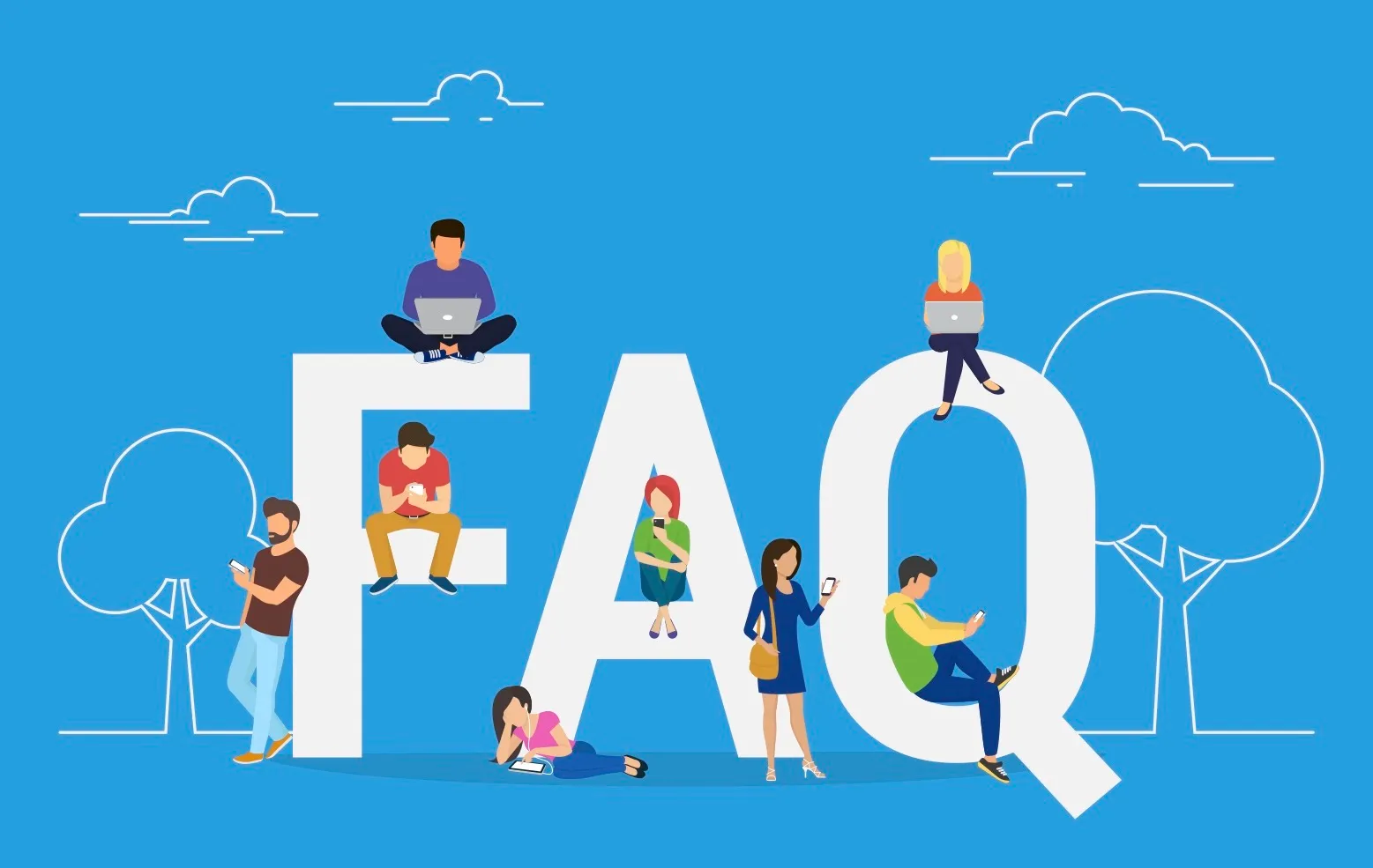 cartoon people sitting on FAQ sign with blue background 