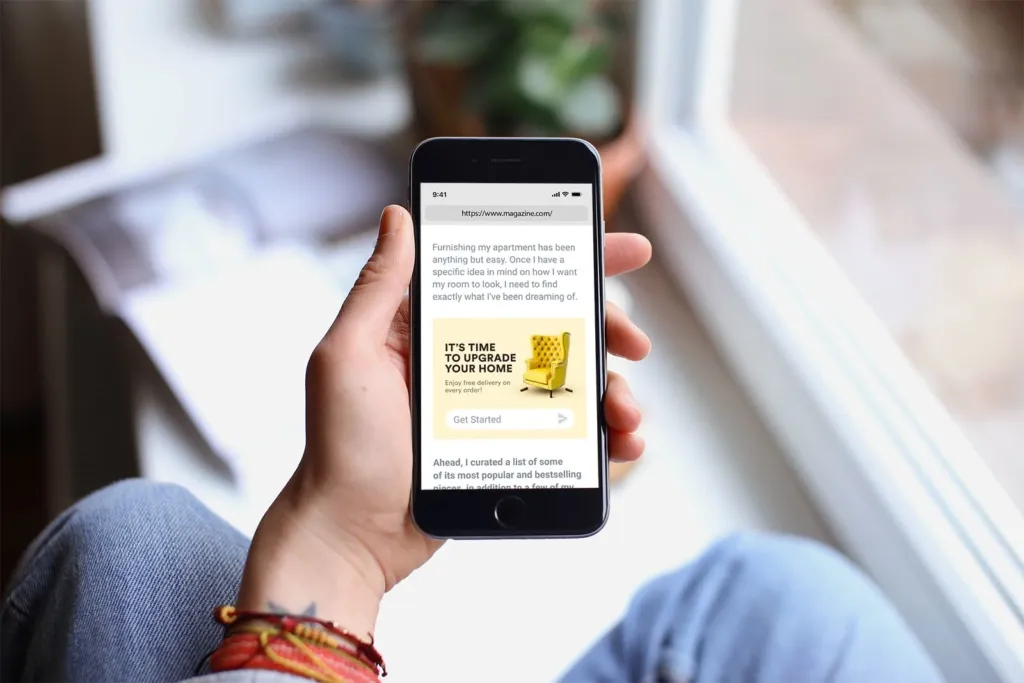 point of view of someone viewing an iphone screen with a conversational ad