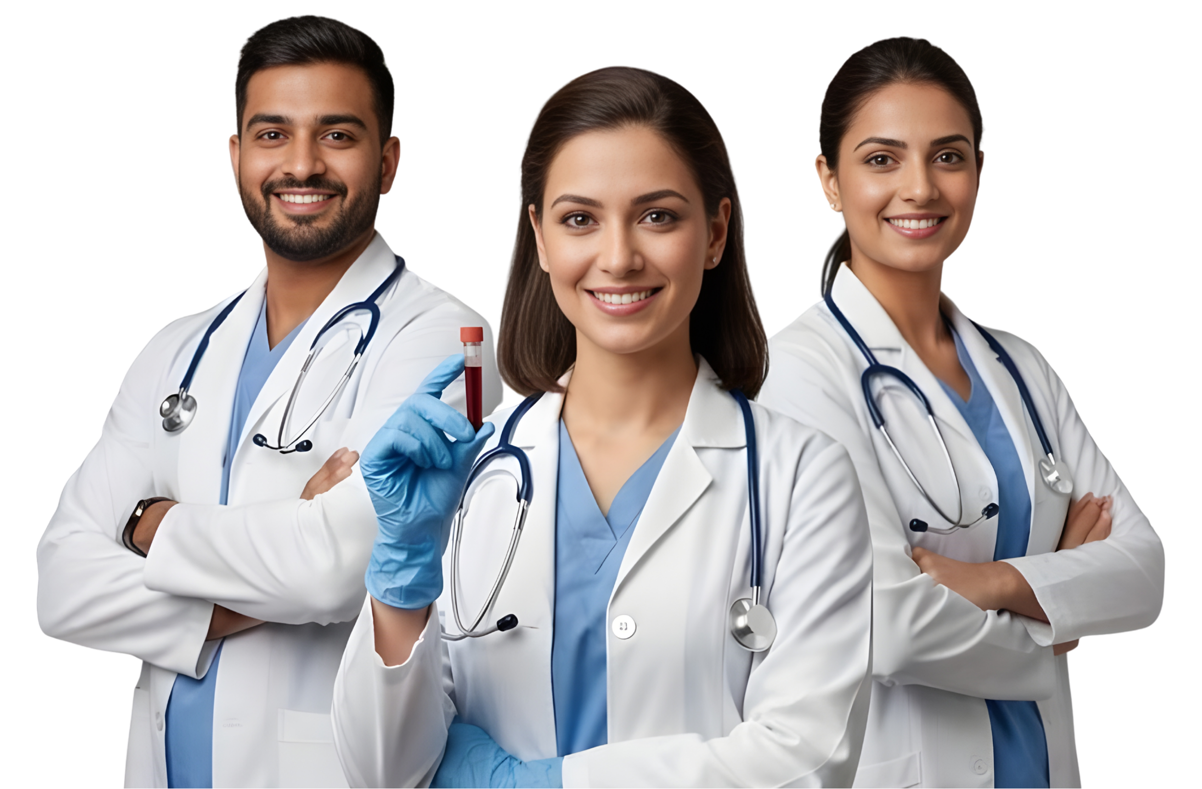 Three smiling doctors in white coats and blue scrubs, one holding a blood sample vial wearing blue gloves.