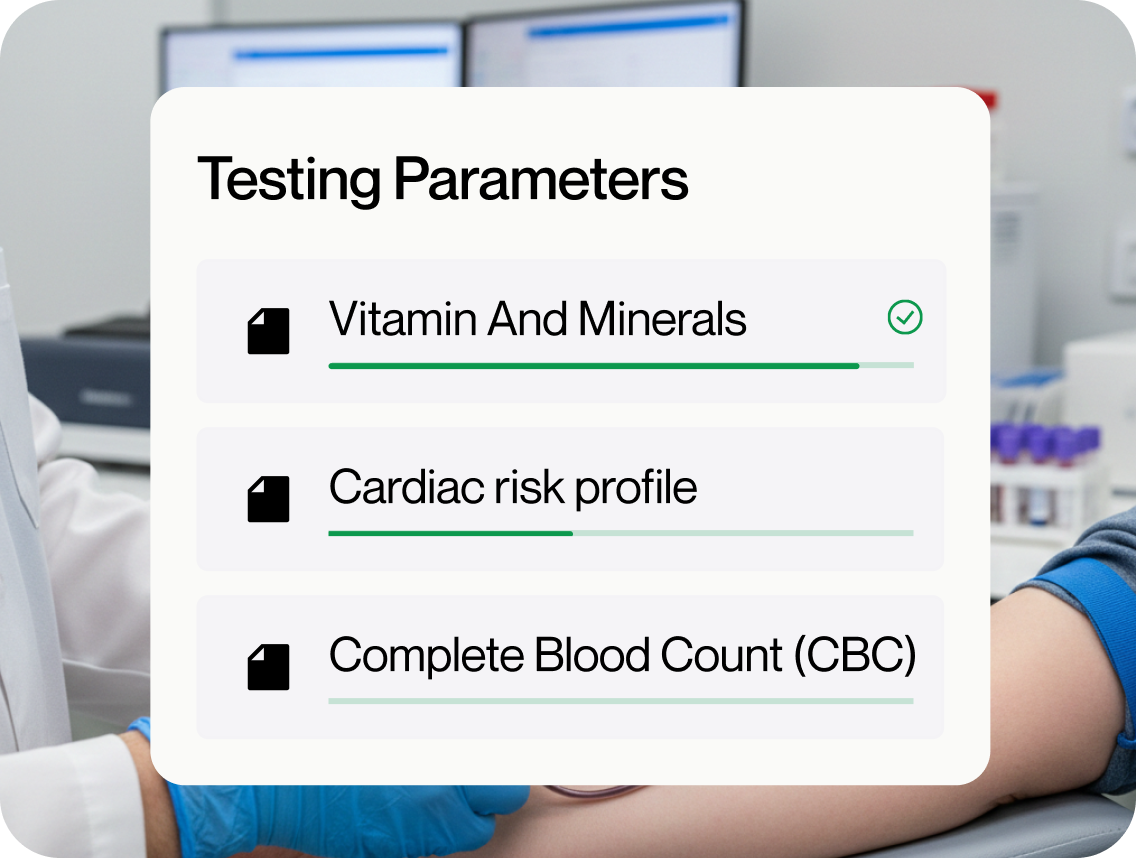 List titled Testing Parameters showing three test items: Vitamin And Minerals with a green progress bar nearly complete and a checkmark, Cardiac risk profile with a partially filled green progress bar, and Complete Blood Count (CBC) with a light green progress bar almost empty.