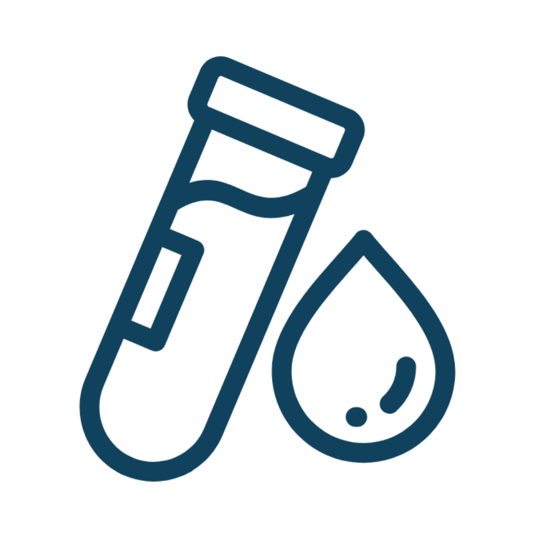 Icon of a test tube with liquid next to a droplet of liquid.