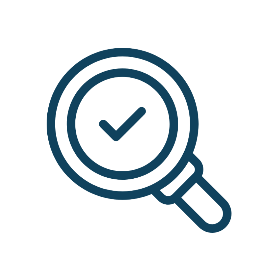 Magnifying glass icon with a check mark inside the lens, symbolizing verified search or validation.