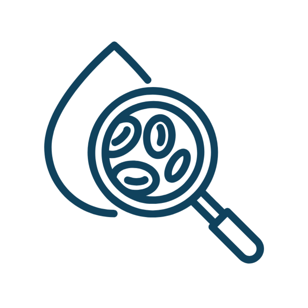 Magnifying glass inspecting bacteria inside a test tube.