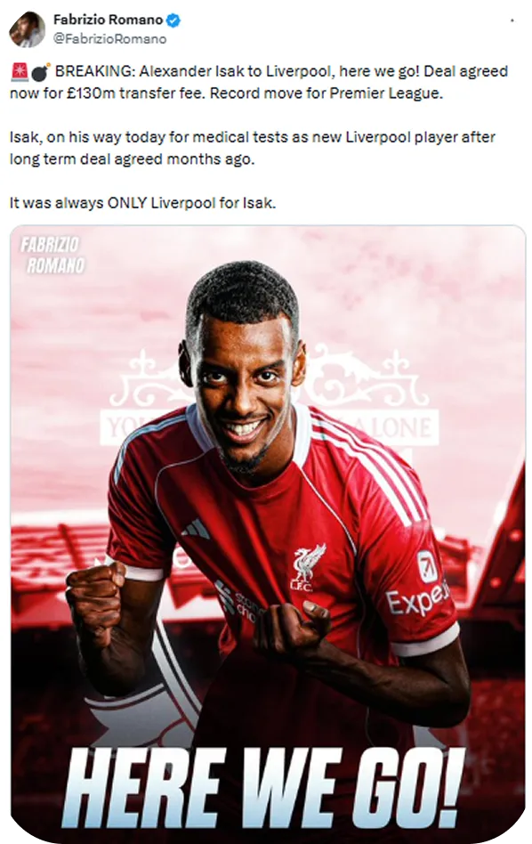 Smiling footballer Alexander Isak in a Liverpool jersey with clenched fists and text 'HERE WE GO!'