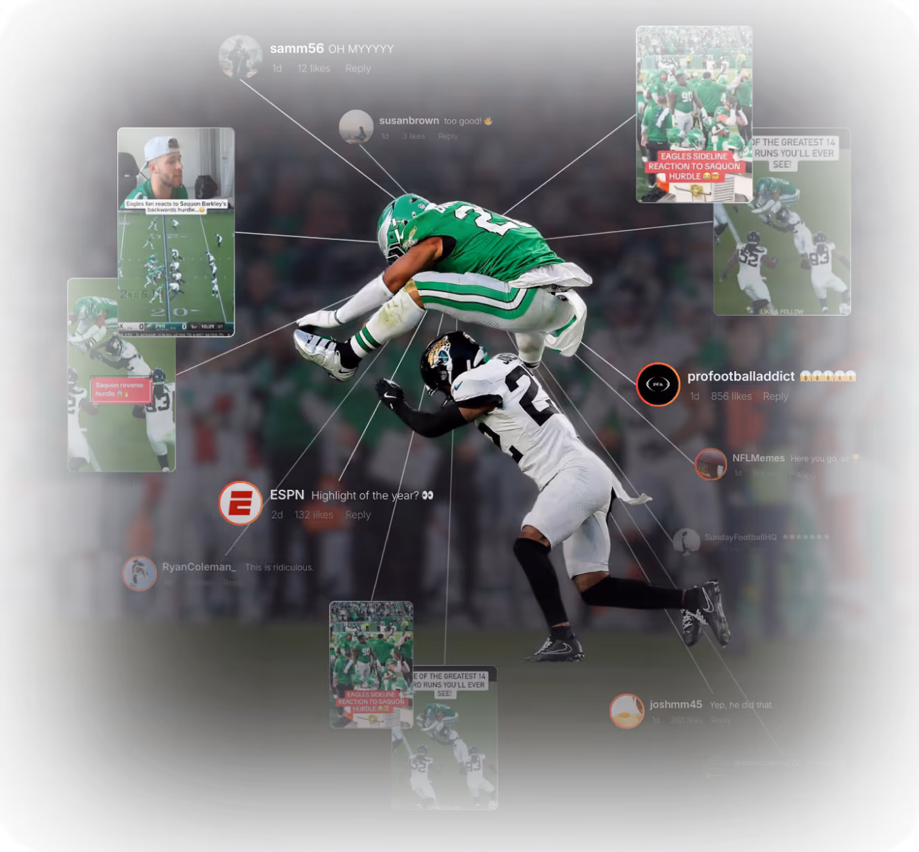 Philadelphia Eagles player Saquon Barkley jumping over a defender during a football game with highlighted social media reactions around.