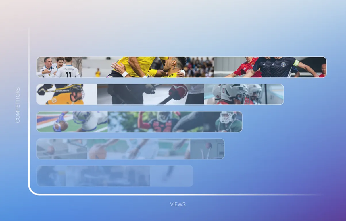 Bar chart showing competitors with images of sports scenes including soccer, ice hockey, football, and basketball, on a gradient blue background.