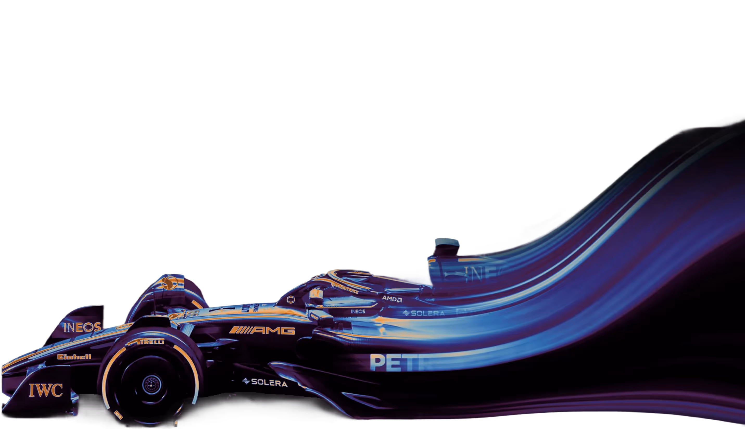 Side view of a black Mercedes AMG Formula 1 car with visible sponsor logos including INEOS, IWC, and Pirelli tires on a dark background.
