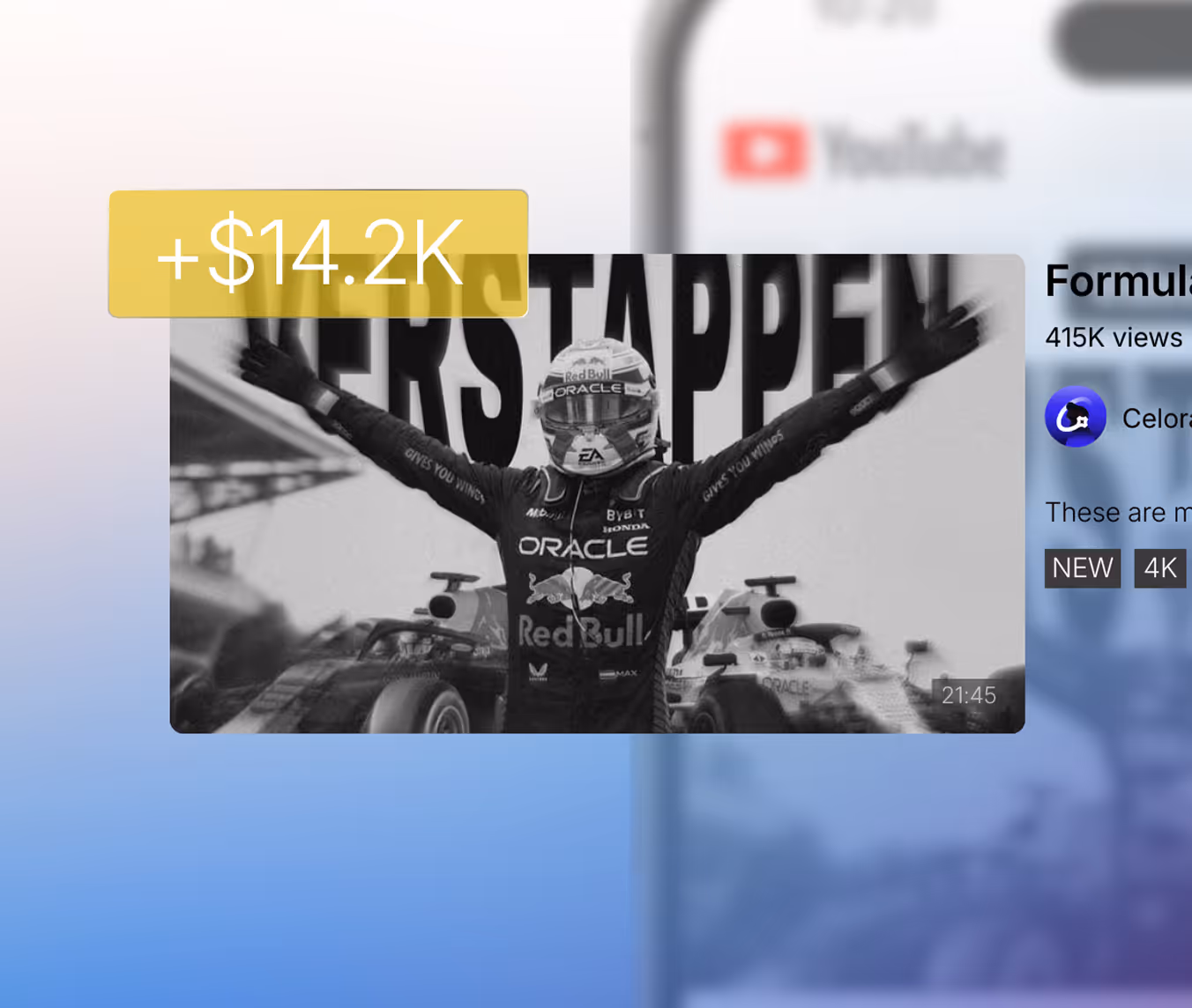 Formula 1 driver in Red Bull Oracle racing suit and helmet celebrating with arms raised in front of race cars.